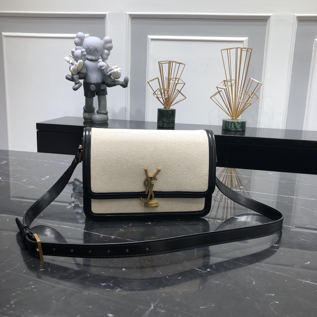 Saint Laurent Solferino Box Medium Canvas Calfskin Handbag Shoulder Bag White 634305